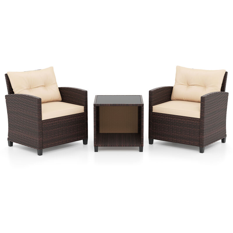 3 Piece Patio Sofa Set Wicker Chairs and Coffee Table with Storage