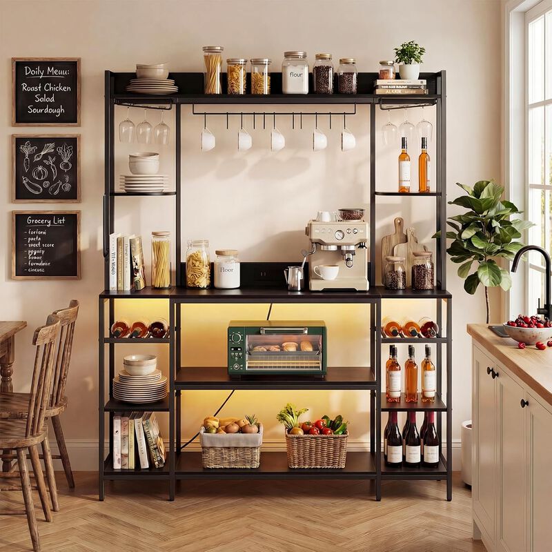 Large Bakers Rack with LED Lights & Power Outlet, 55" Wide Microwave Stand, 6-Tier Kitchen Racks and Shelves, Wine Glass Holder, 11 Hooks with App Control image number 7