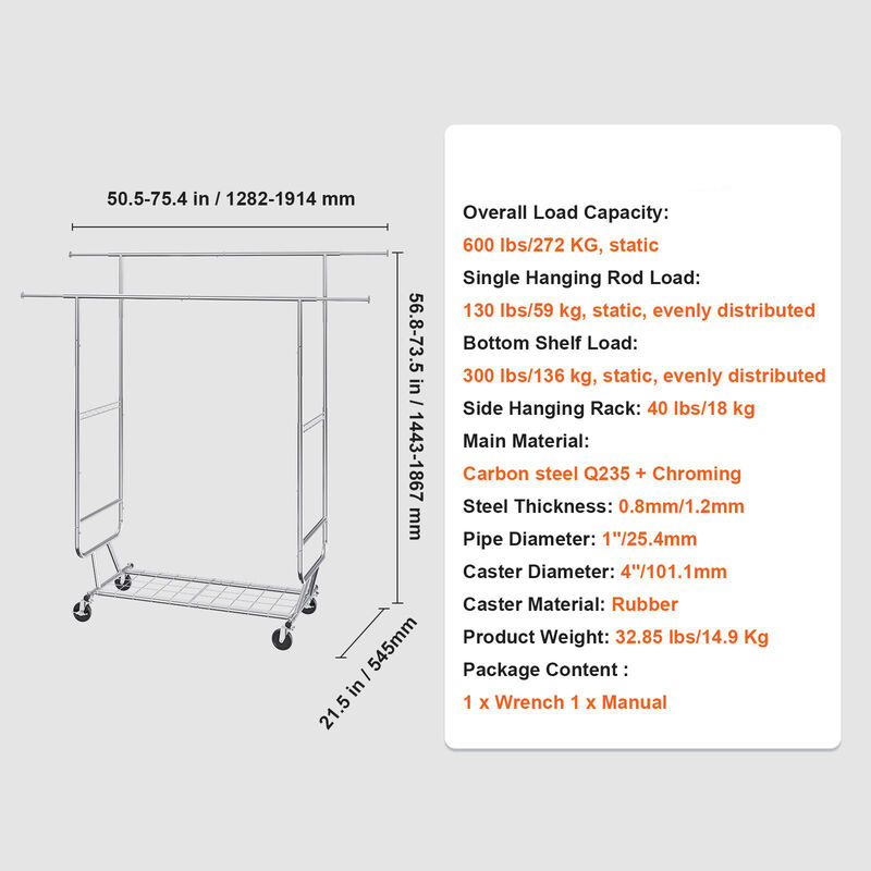 Heavy Duty Garment Rack with Double Rods, Adjustable Height, and Bottom Storage