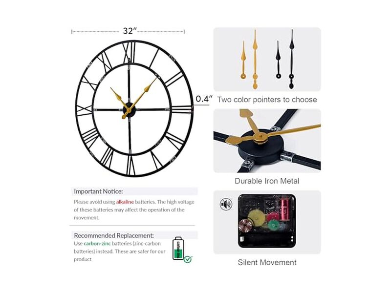 Assembly Farmhouse Metal Wall Clock 32 Inch Silent Non Ticking Living Room Decor image number 1