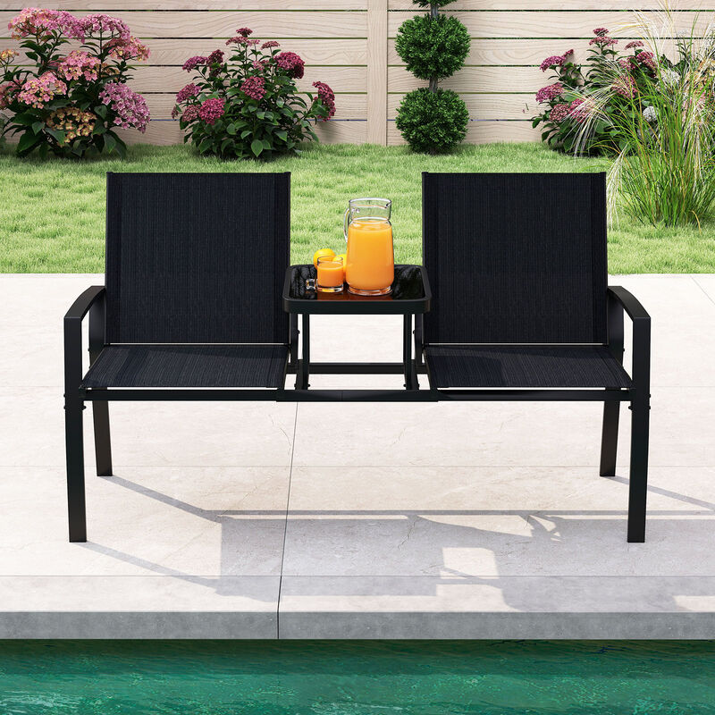 Outdoor Loveseat with Built-in Table and Comfortable Fabric Backrest-Black