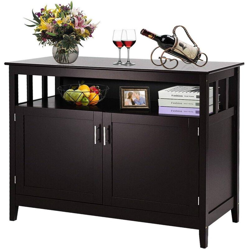 Hivvago Dark Brown Wood 2 Door Dining Buffet Sideboard Cabinet with Open Storage Shelf