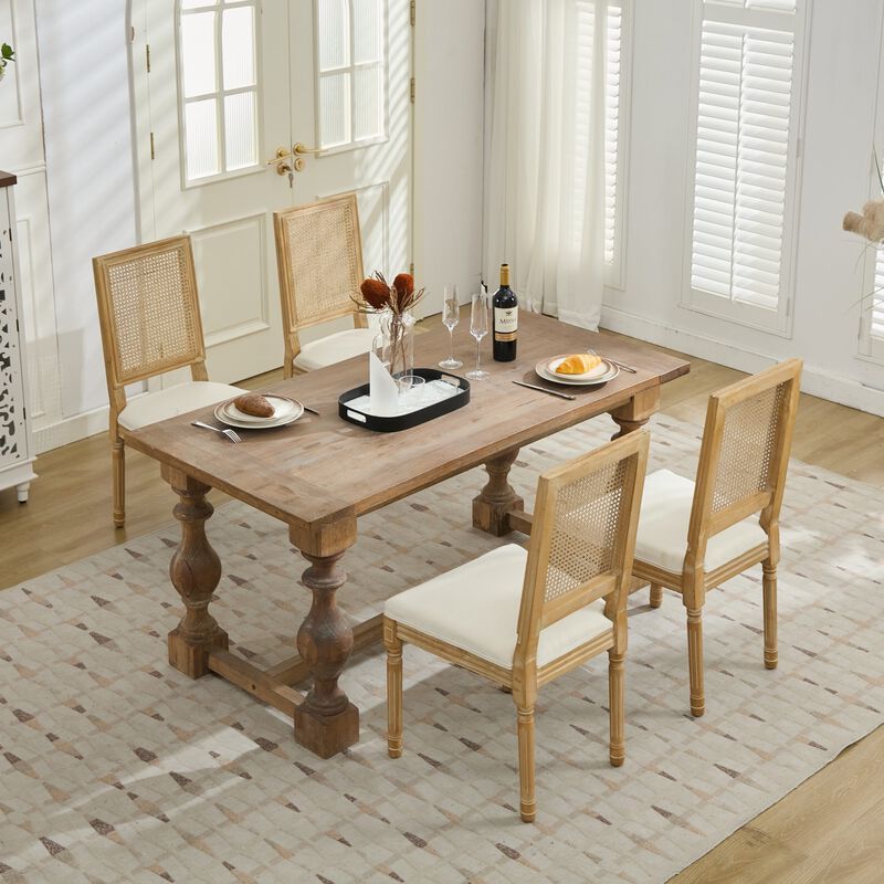 Whisen French Dining Chairs Set of 2, Solid Rubberwood Frame with Linen Upholstery and Rattan Back, for Living Room Kitchen Restaurant image number 5
