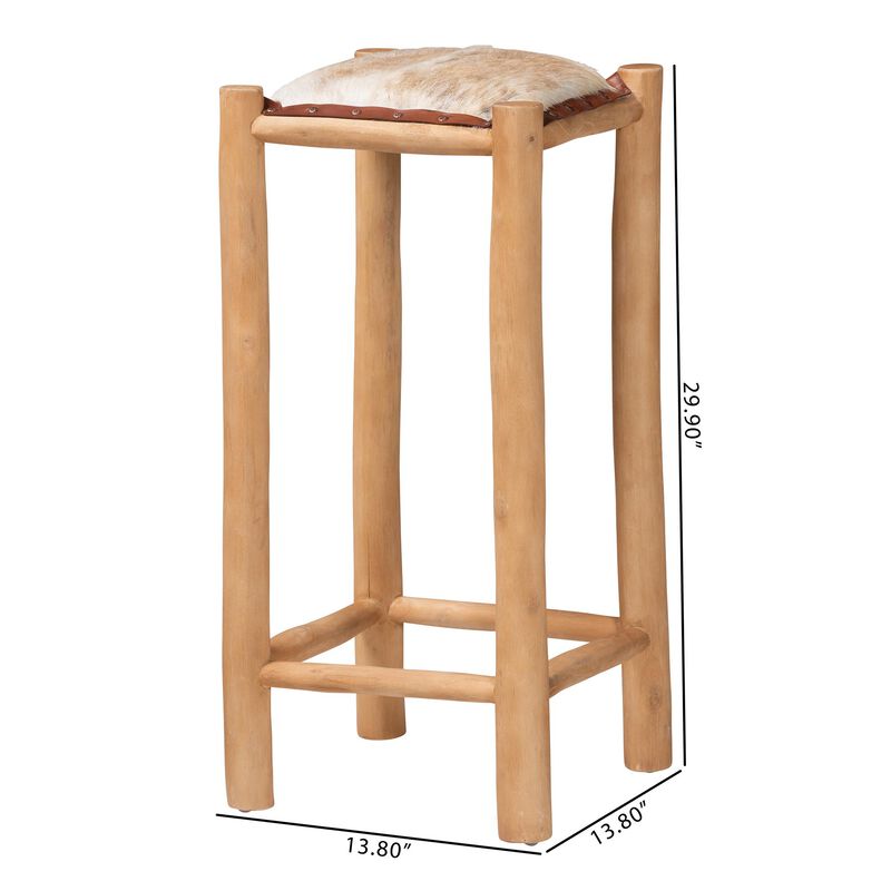 bali & pari Rivera Genuine Goat Leather Bar Stool - Rustic Boho Seating with Teak Wood Frame and Natural Hide Upholstery image number 7