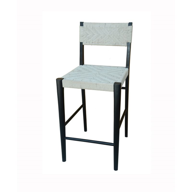 Cero 29 Inch Barstool Chair Set of 2, Wood, Cotton Woven, Black, Gray - Benzara