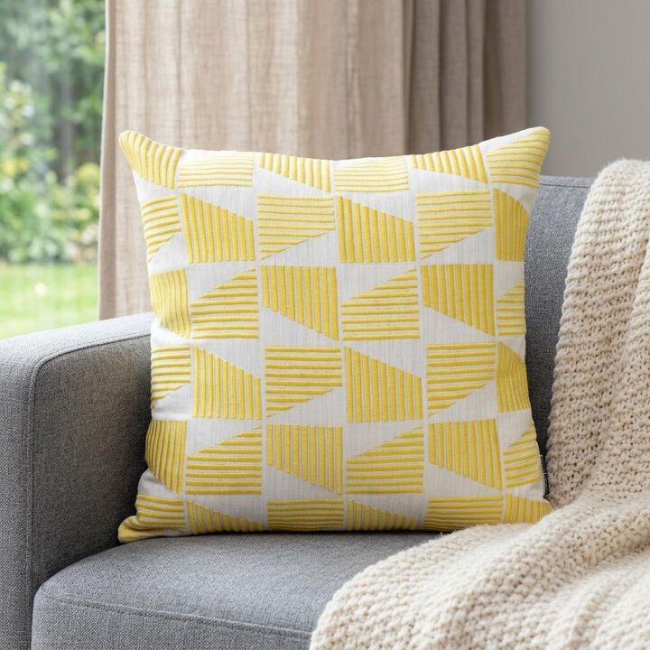 HomeRoots 18" Yellow and White Geometric Cotton Throw Pillow With Embroidery