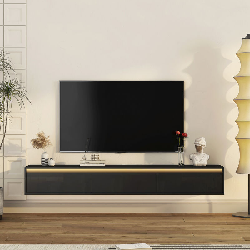 GOODSILO Floating TV Stand with LED Lights and Power Outlet, High Gloss Wall Mounted Storage Cabinet for Living Room Entertainment image number 5
