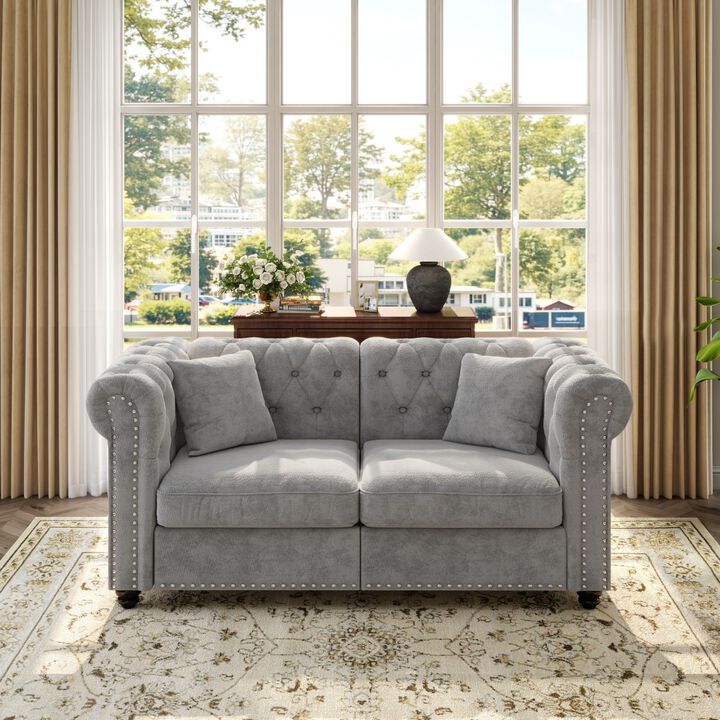 1 piece Chesterfield Sofa tufted design and nailhead trim deep seat comfort sectional sofa, sectional sofa rolled arms home or office, chenille sectional sofa plush cushion
