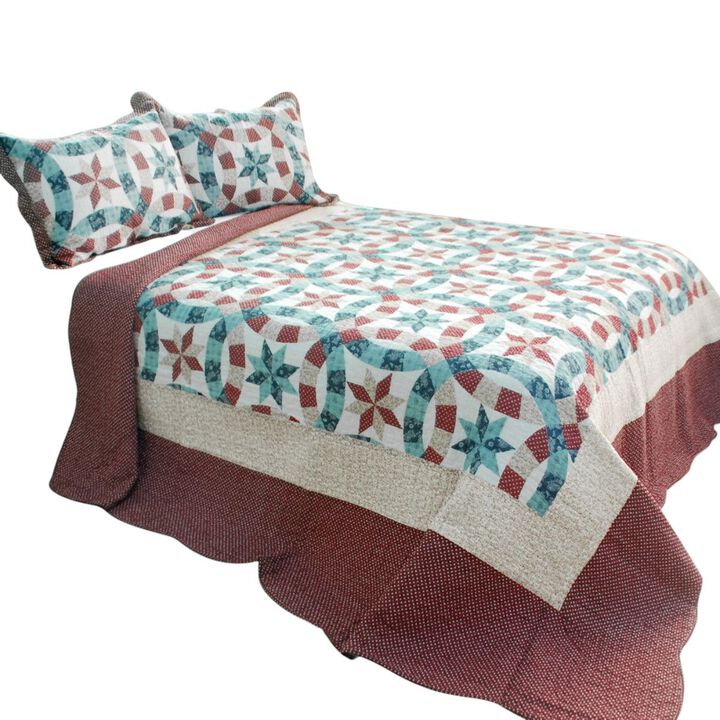Queen Size 3-Piece Cotton Vermicelli Quilted Printed Quilt Set with Matching Pillow Shams