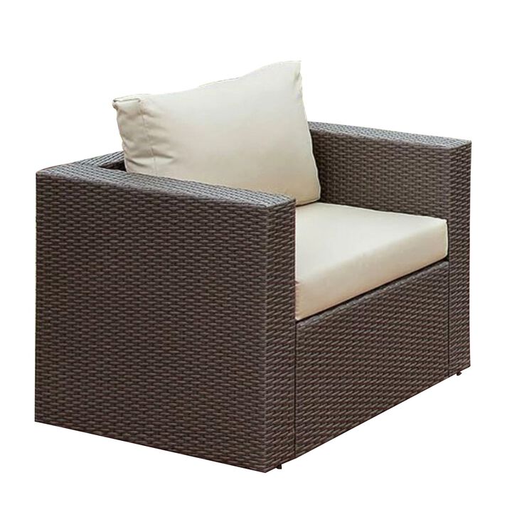 Faux Rattan Arm Chair with Seat & Back Cushions, Gray And Ivory-Benzara