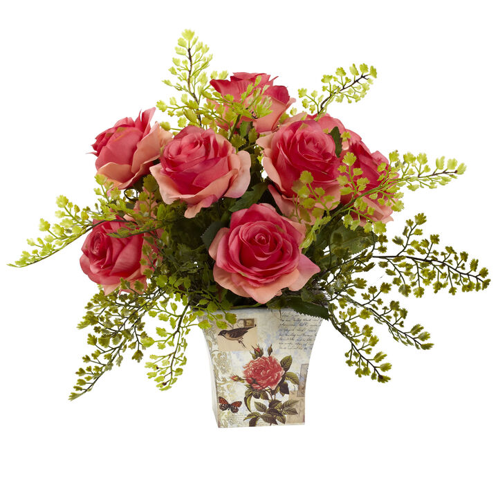 HomPlanti Rose & Maiden Hair w/Floral Planter - Dark Pink