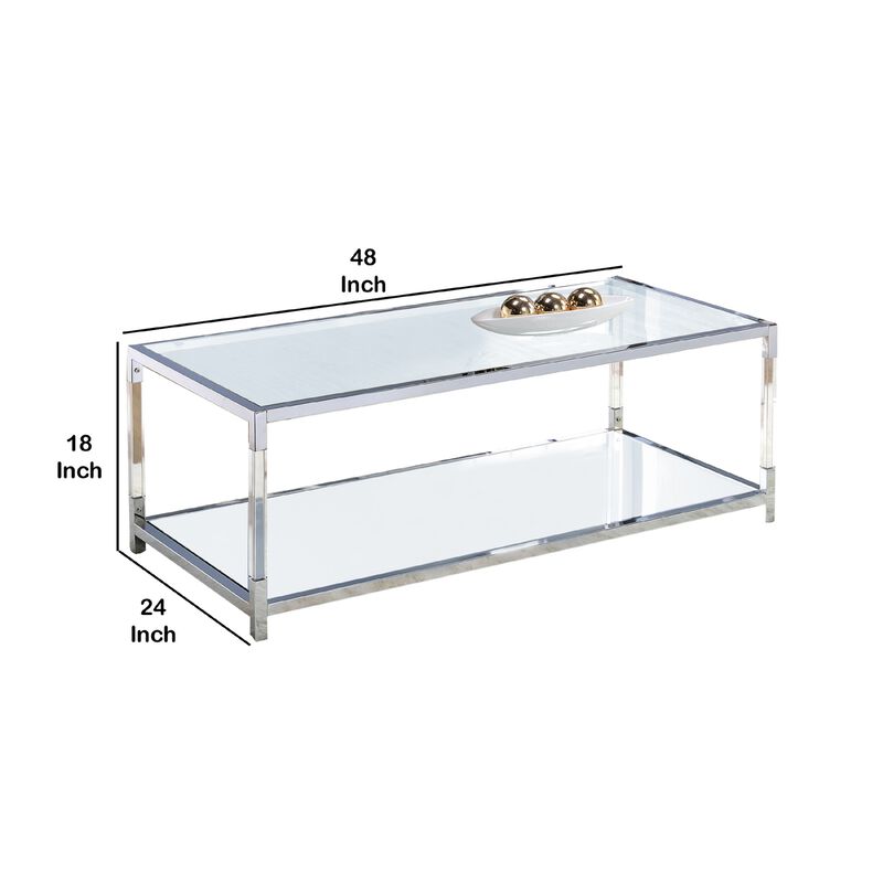 Glass Top Metal Coffee Table with Open Bottom Shelf, Silver and Clear image number 4