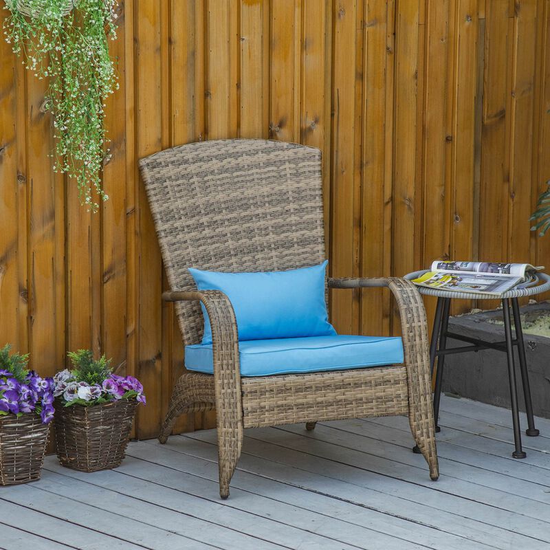 Outsunny Patio Wicker Adirondack Chair, Outdoor All-Weather Rattan Fire Pit Chairs w/ Soft Cushions, Tall Curved Backrest, and Comfortable Armrest for Deck or Garden, Sky Blue
