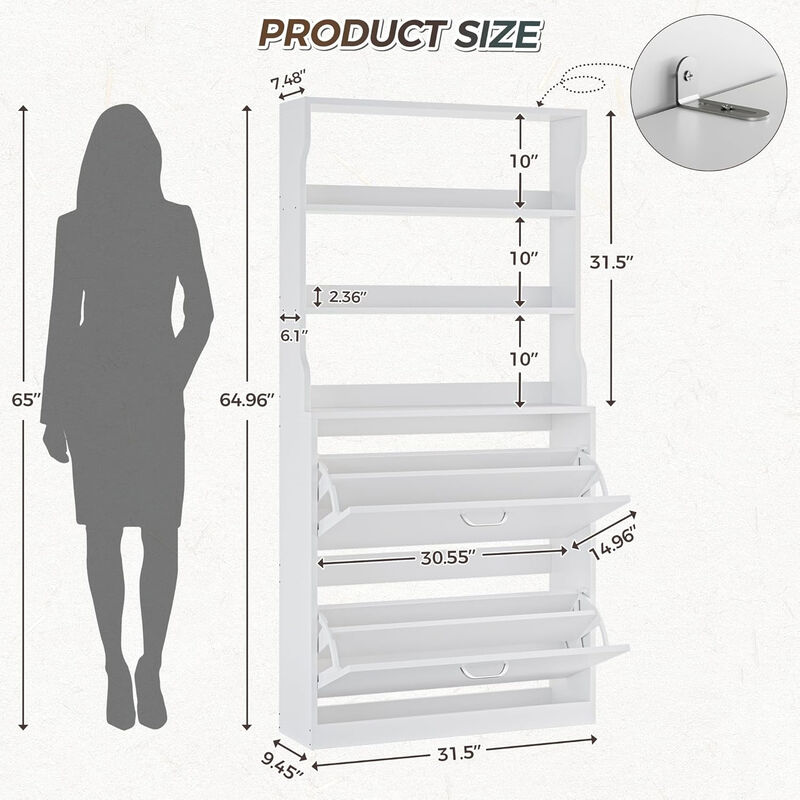 Slim Entryway Shoe Storage Cabinet Flip Drawer White Tall 2 image number 2