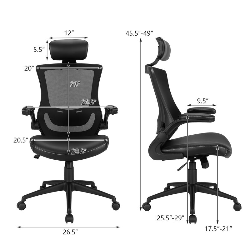 Costway Mesh Back Adjustable Swivel Office Chair w/ Flip up Arms Leather Seat