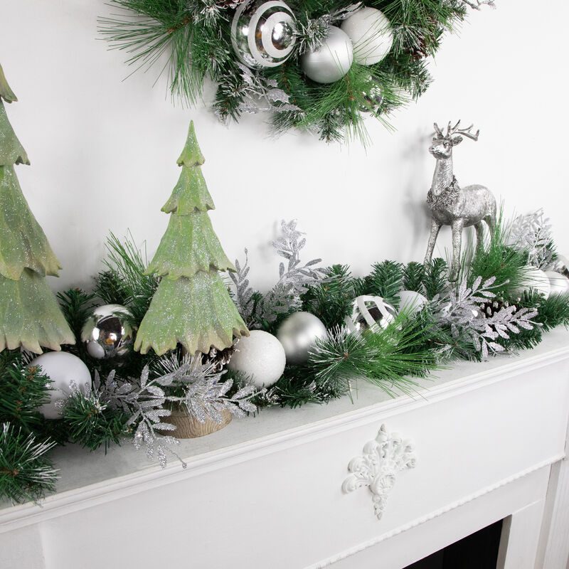 6' Green Pine Needle Garland with Pinecones and Striped Christmas Ornaments  Unlit image number 1