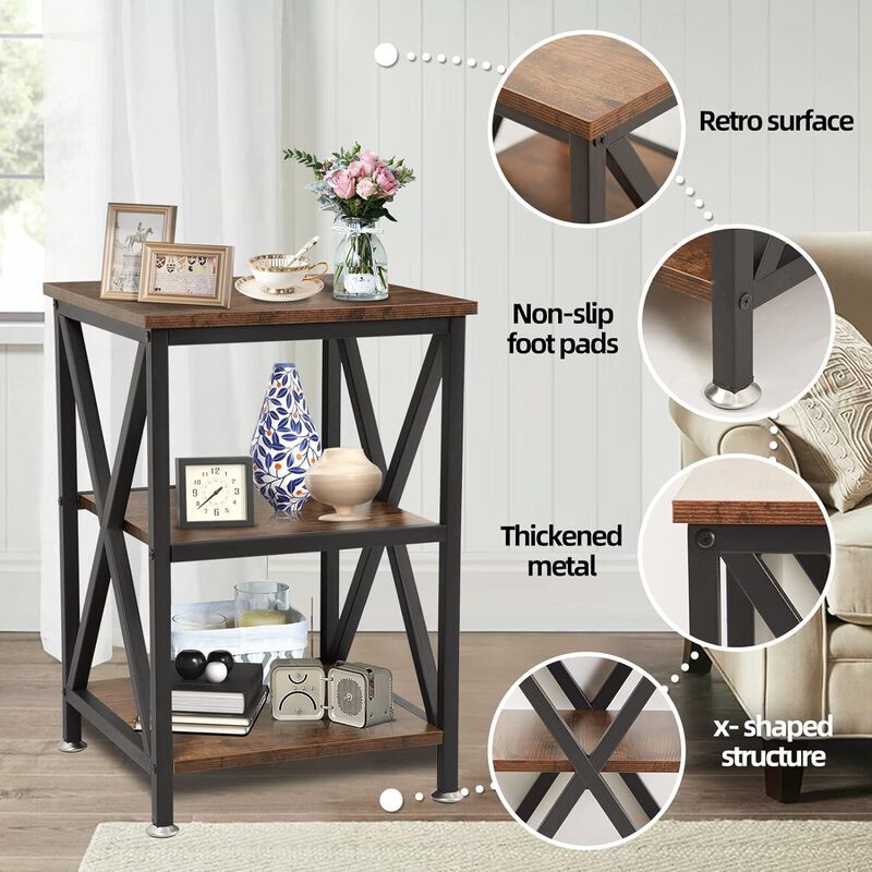 3-Tier Square End Table, Small Side Tables Living Room, Couch End Table Rustic Side Table with Steel Frame 11.8"" D x 15.7"" W x