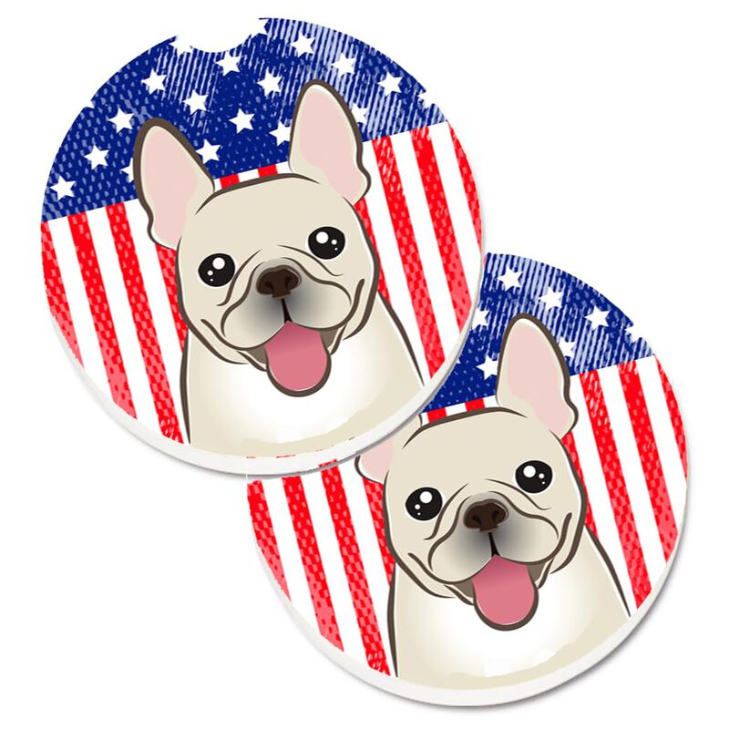 Caroline's Treasures American Flag & French Bulldog Set of 2 Cup Holder Car Coasters BB2168CARC, 2.56, Multicolor