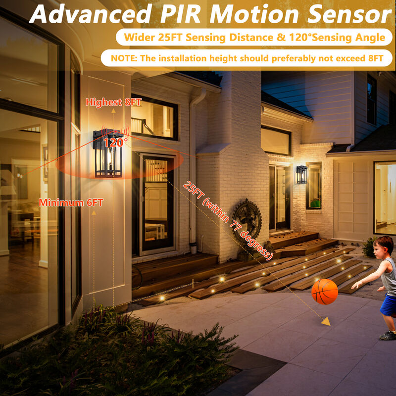 2-Pack 12 in. Modern Black Motion Sensor Outdoor Wall Lanterns with Clear Glass image number 4