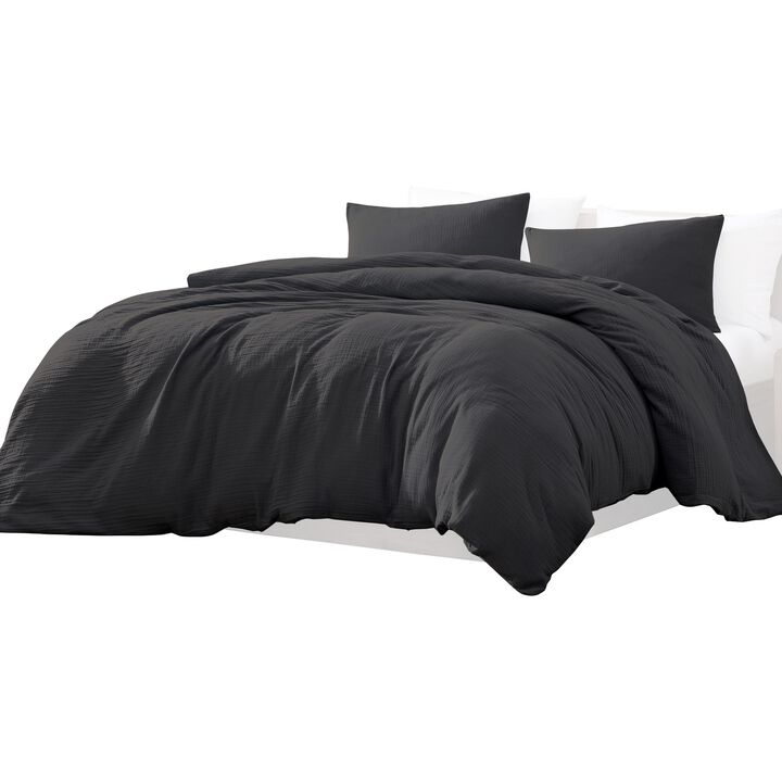 Uvi 3 Piece Queen Comforter Set, Cotton, Natural Crinkled Texture, Black - Benzara