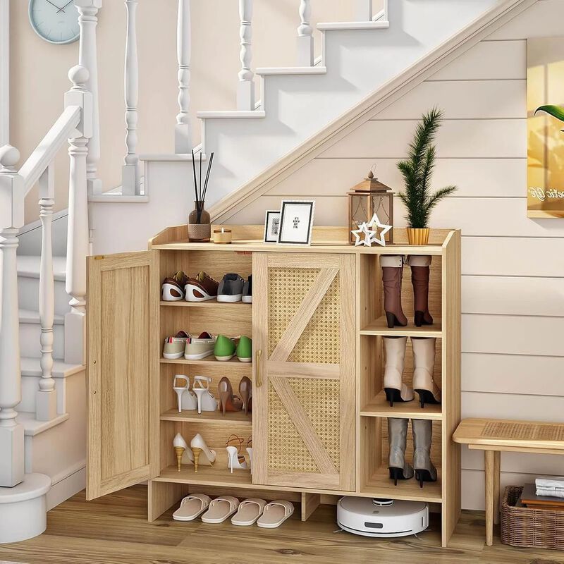Rattan Style Shoe Cabinet with 4-Tier Storage for Hallway Organization-Natural image number 1