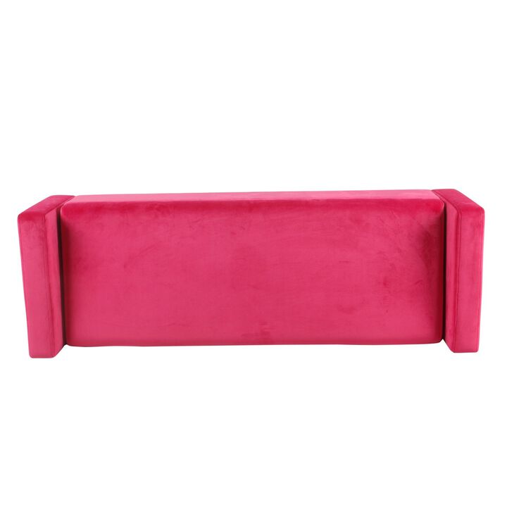 Velvet Upholstered Wooden Bench with Tapered Legs and Track Armrest, Pink and Brown - Benzara