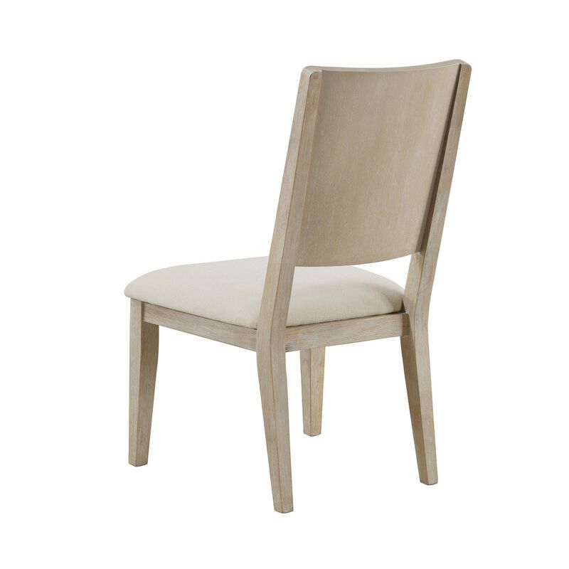 Eva Dining Side Chair Set of 2, Square Back, White Wood, Beige Fabric - Benzara