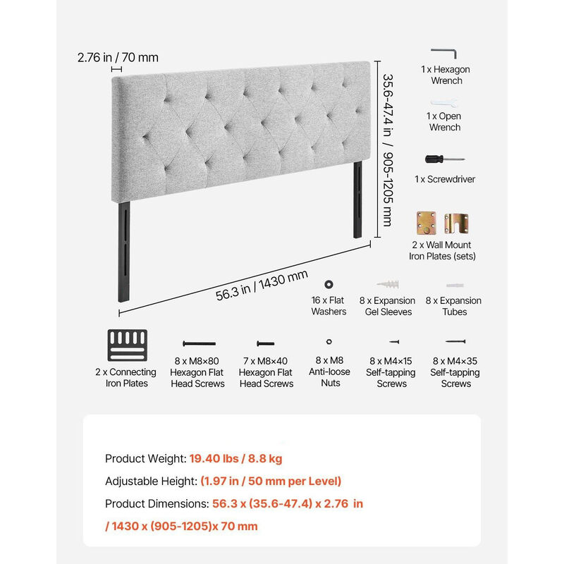 Full Size Headboard, Adjustable Height Diamond Tufted Upholstered Bed Headboard image number 2