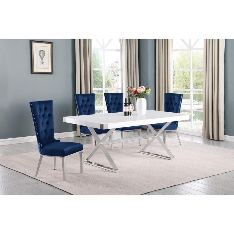 Best Quality Furniture 5pc Small(78) white wood top dining set with silver base and 4 chairs