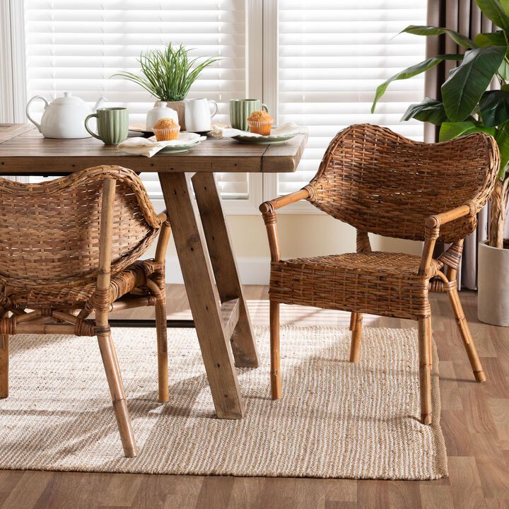 bali & pari Tara 2-Piece Natural Rattan Dining Chair - Handwoven Wicker Armchair with Curved Backrest, Boho Coastal Seating
