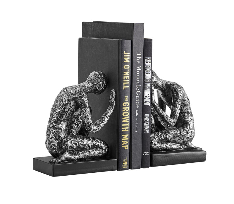 Danya B. Kneeling Figure Sculptures Polyresin Silver and Black Finish Bookend Set of 2