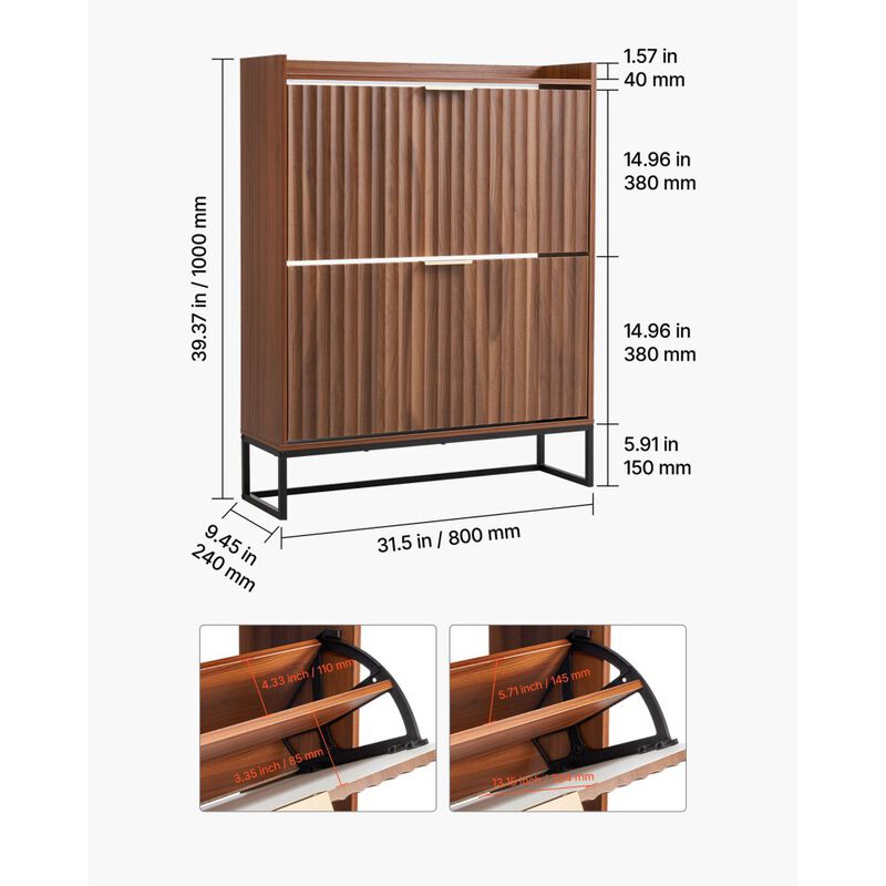 Mid-Century 2-Drawer Shoe Cabinet with Anti-Tip, Freestanding Walnut Shoe Rack image number 2