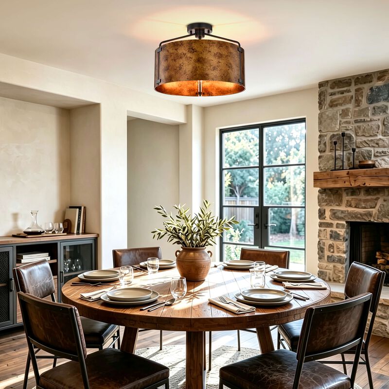 Milka 18" Rustic 3-Light Black and Brown Metal Drum Shade Flush Mount image number 2