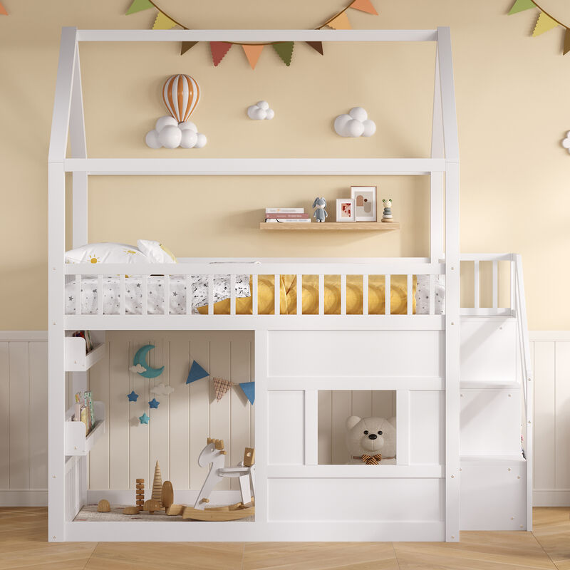 Merax Full Size White Wooden House Bed with Built-in LED Shelf Light image number 2