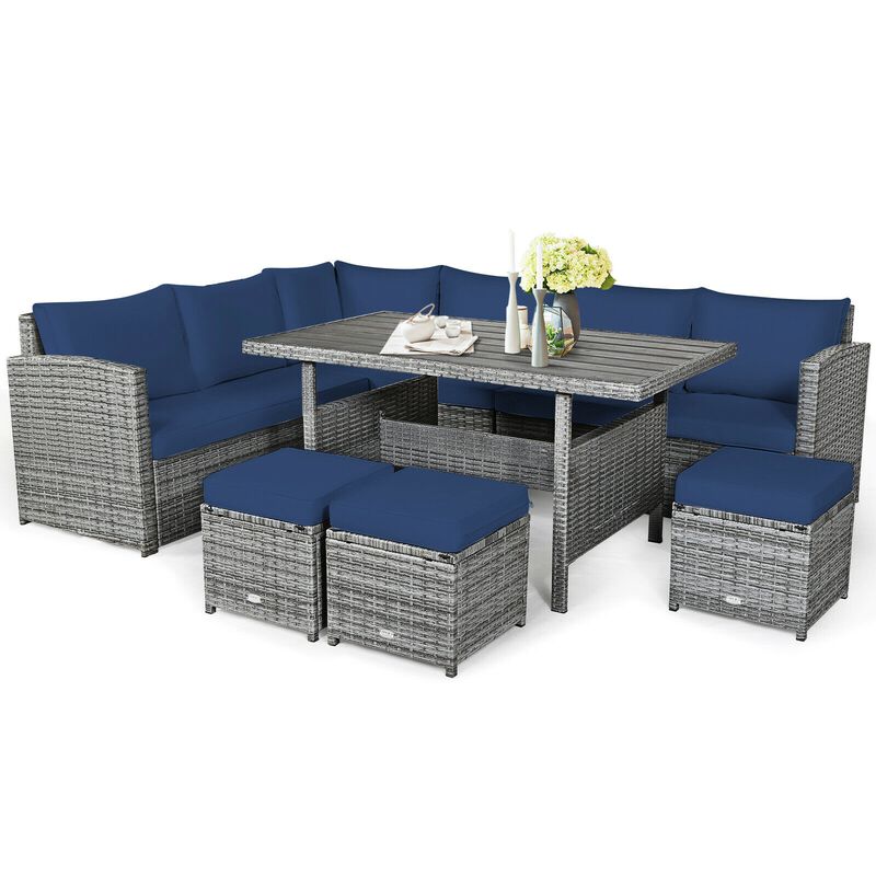 7 Pieces Patio Rattan Dining Furniture Sectional Sofa Set with Wicker Ottoman image number 0