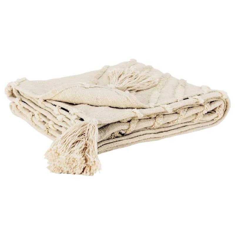 HomeRoots 50" X 60" Natural Cotton Woven Geometric Throw Blanket with Tassels image number 0