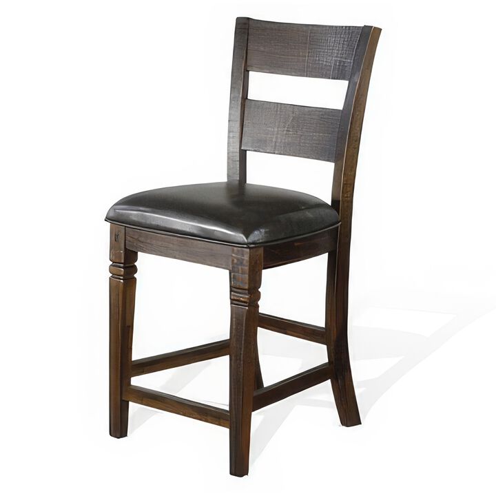 Flint Set of 2 Counter Stool Chairs, Ladderback, Black, Dark Brown Mahogany Wood - Benzara