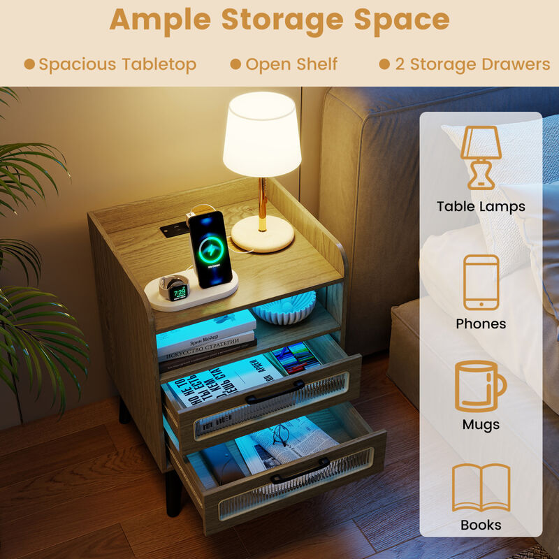 Mid-Century Nightstand with LED Lighting and Built-In Charging Station image number 3