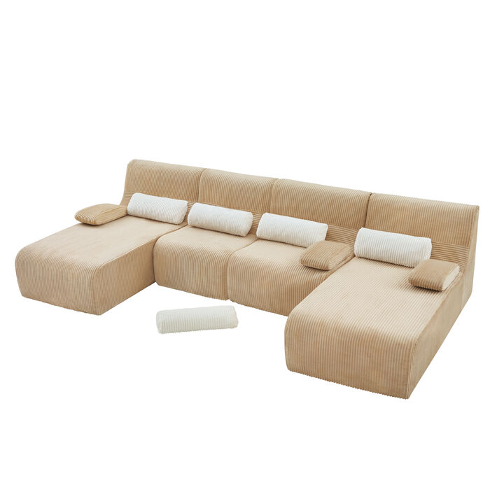 Merax Modular Corduroy Sofa with Arm Pillows, Vacuum-Compressed Packaging