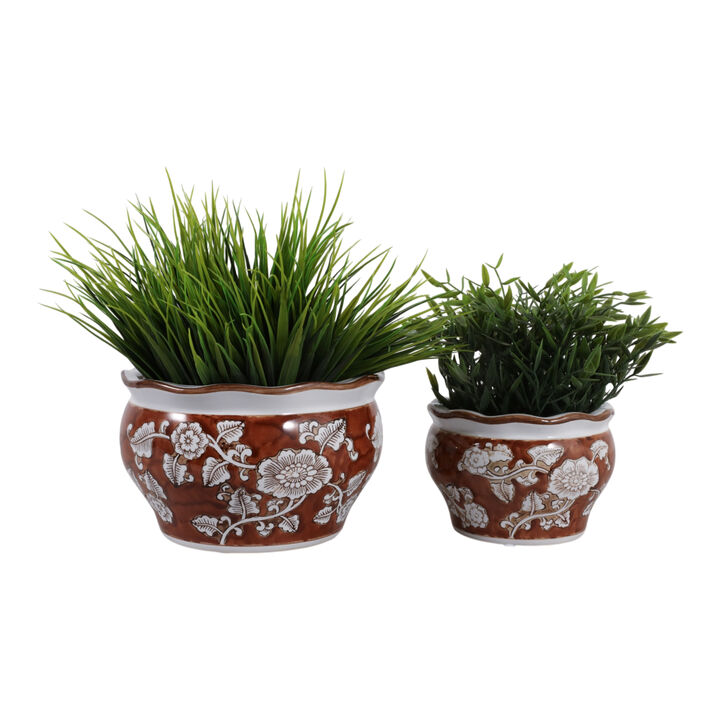 Cer, S/2 6/8" Round Chinoisere Planters, Brown