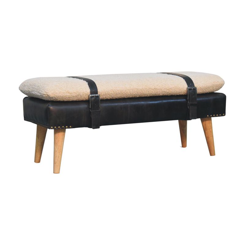Boucle Buffalo Hide Black Leather Bench