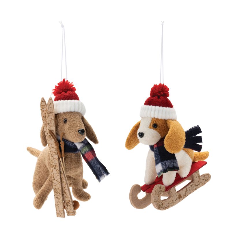 Plush Ski and Sled Dog Ornaments, Set of 6 for Festive Christmas Tree Decor