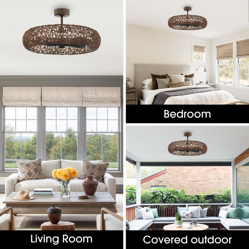 35 in. Rusty Bronze Caged Ceiling Fan with Rattan Light Shade and Remote