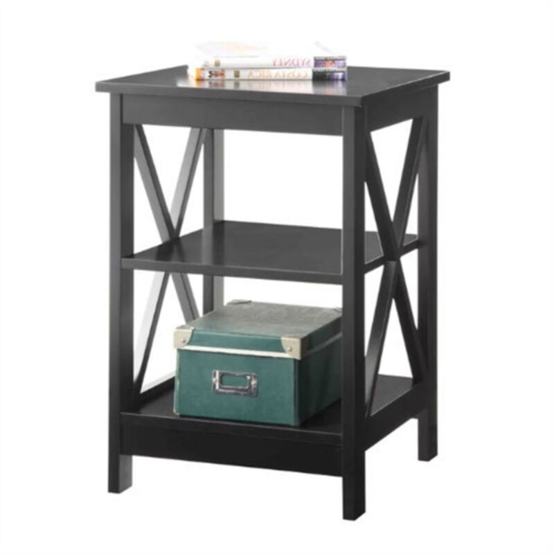 Wood X-Design End Table Nightstand with 3 Open Storage Shelves