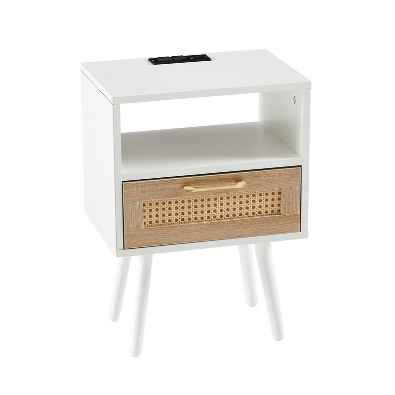 Rattan End table with Power Outlet & USB Ports , Modern nightstand with drawer and solid wood legs, side table for living roon, bedroom, white