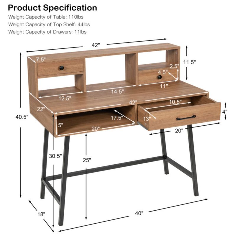 Hivvago 42-Inch Vanity Desk with Tabletop Shelf and 2 Drawers-Natural