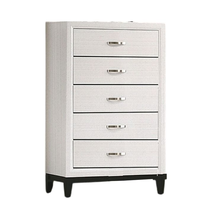 Erica Tall Dresser Chest, 5 Drawers Chrome Bar Handles, White Wood