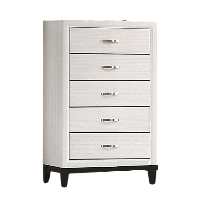 Erica Tall Dresser Chest, 5 Drawers Chrome Bar Handles, White Wood