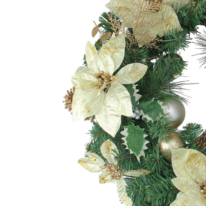 White Poinsettia and Pine Cone Artificial Christmas Wreath - 24-Inch  Unlit