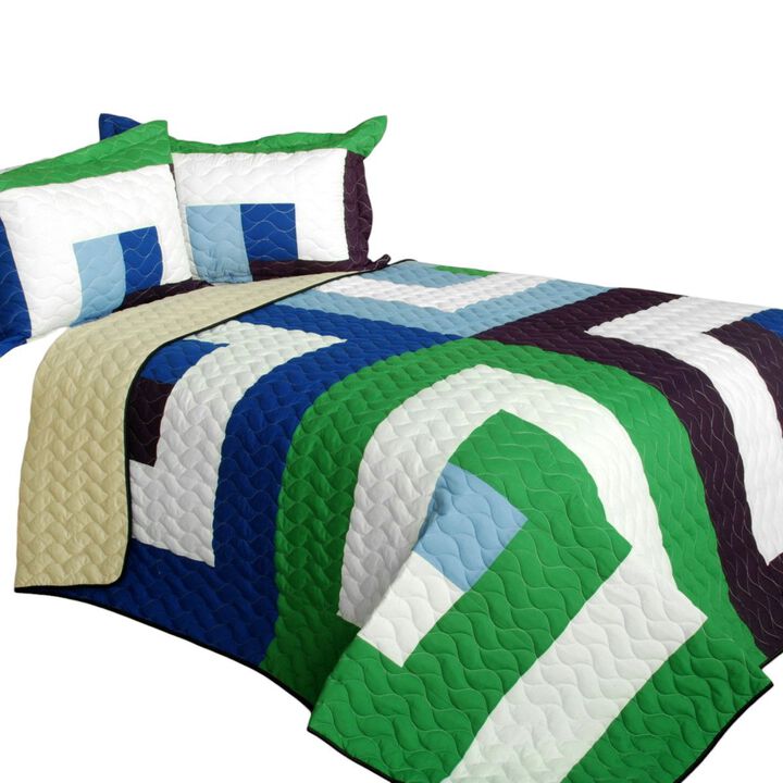 3 Pieces Reversible Geometric Quilt Set with Vermicelli Stitching